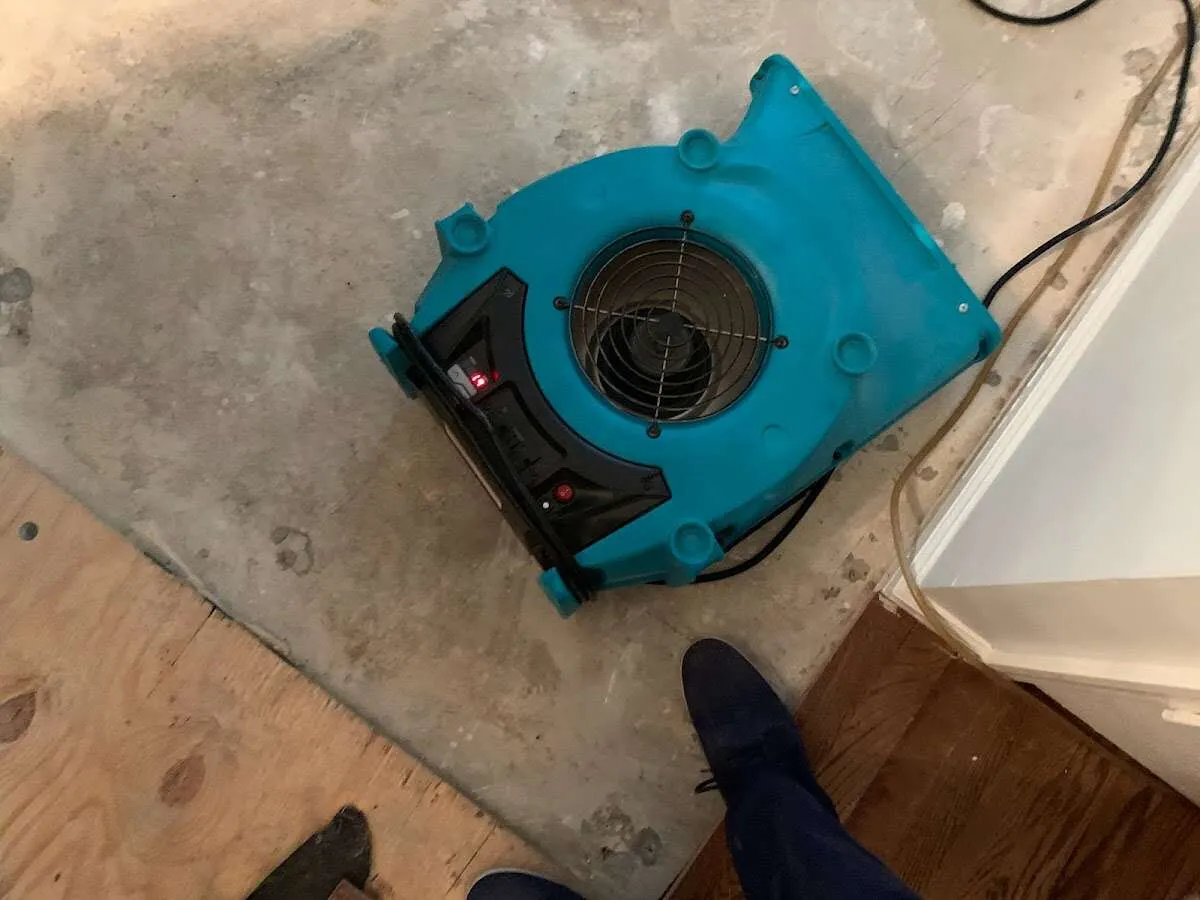 Air mover drying subfloor during Commercial Water Damage Restoration in Gentry
